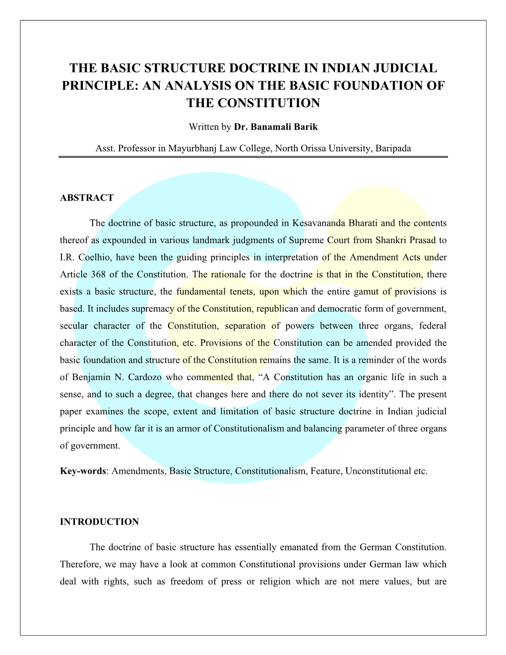 The Basic Structure Doctrine in Indian Judicial Principle: an Analysis on the Basic Foundation of the Constitution