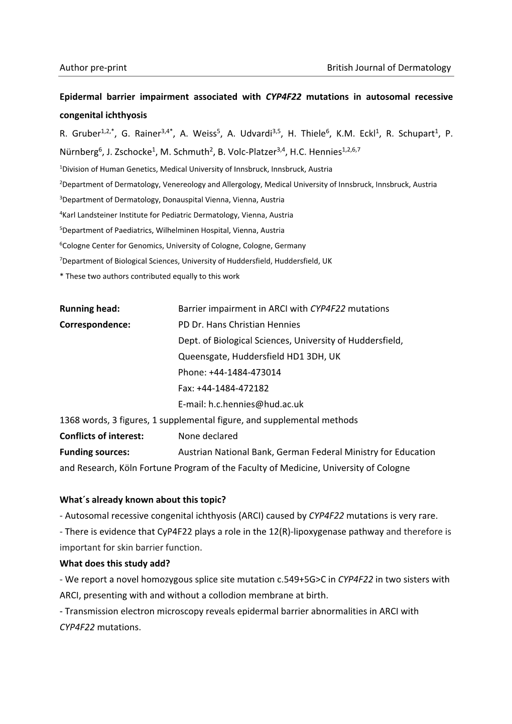 Author Pre-Print British Journal of Dermatology Epidermal Barrier