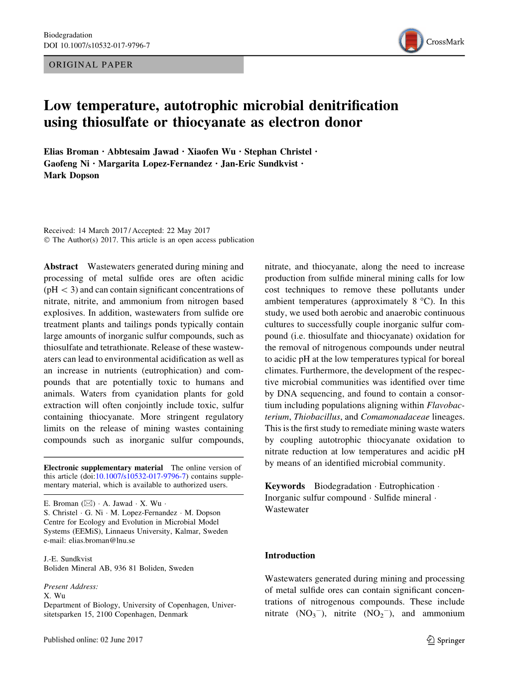 Low Temperature, Autotrophic Microbial Denitrification Using