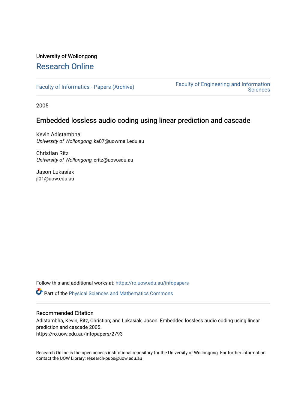 Embedded Lossless Audio Coding Using Linear Prediction and Cascade