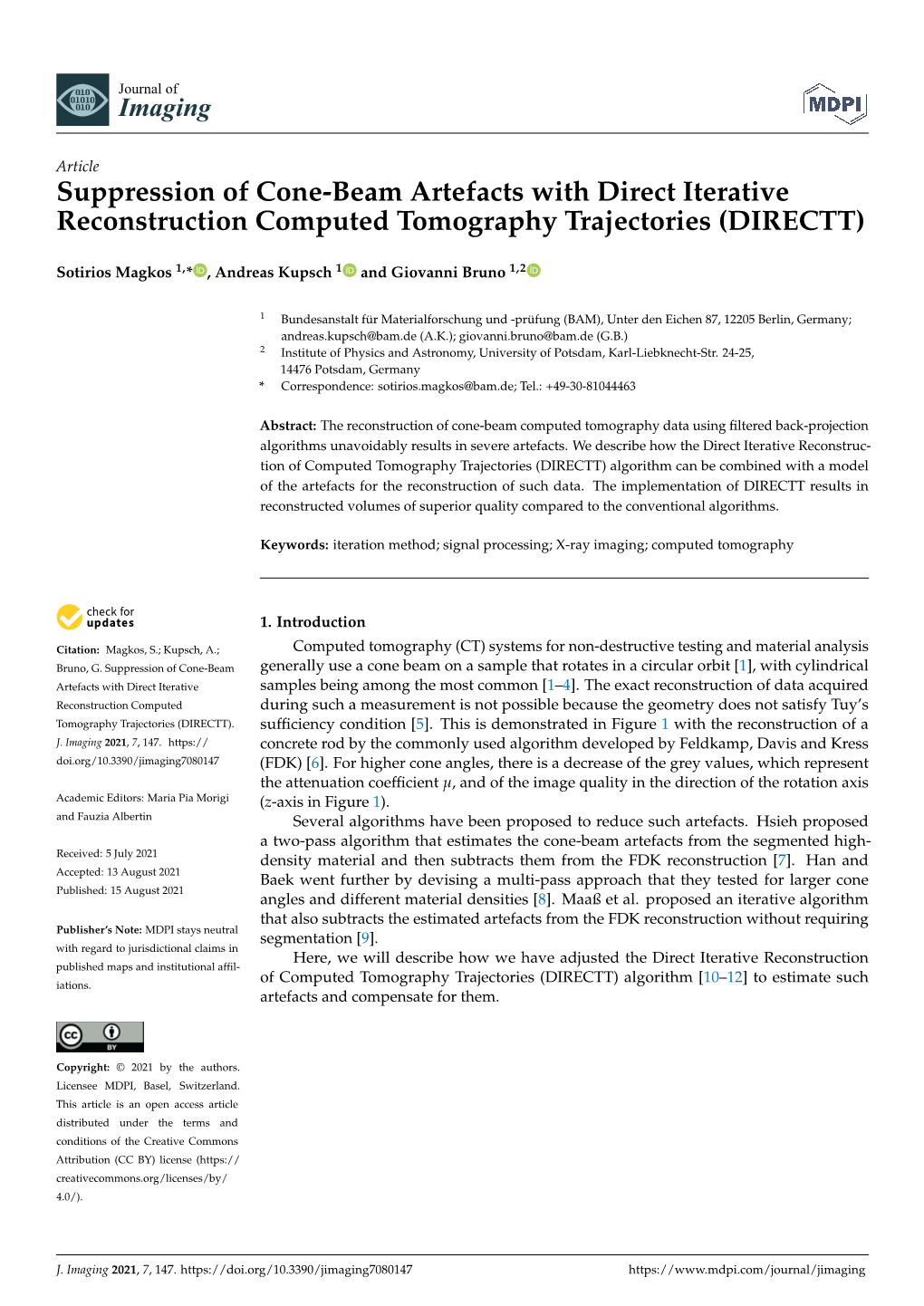 Suppression of Cone-Beam Artefacts with Direct Iterative Reconstruction Computed Tomography Trajectories (DIRECTT)