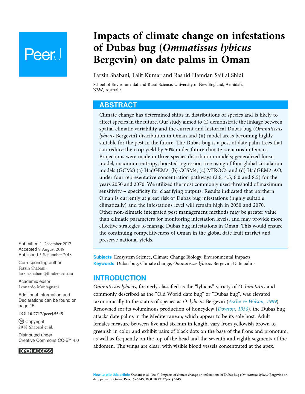 Impacts of Climate Change on Infestations of Dubas Bug (Ommatissus Lybicus Bergevin) on Date Palms in Oman