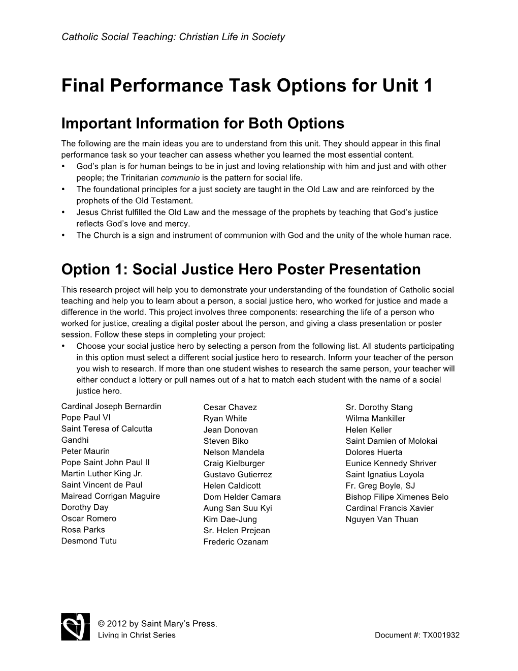 Final Performance Task Options for Unit 1