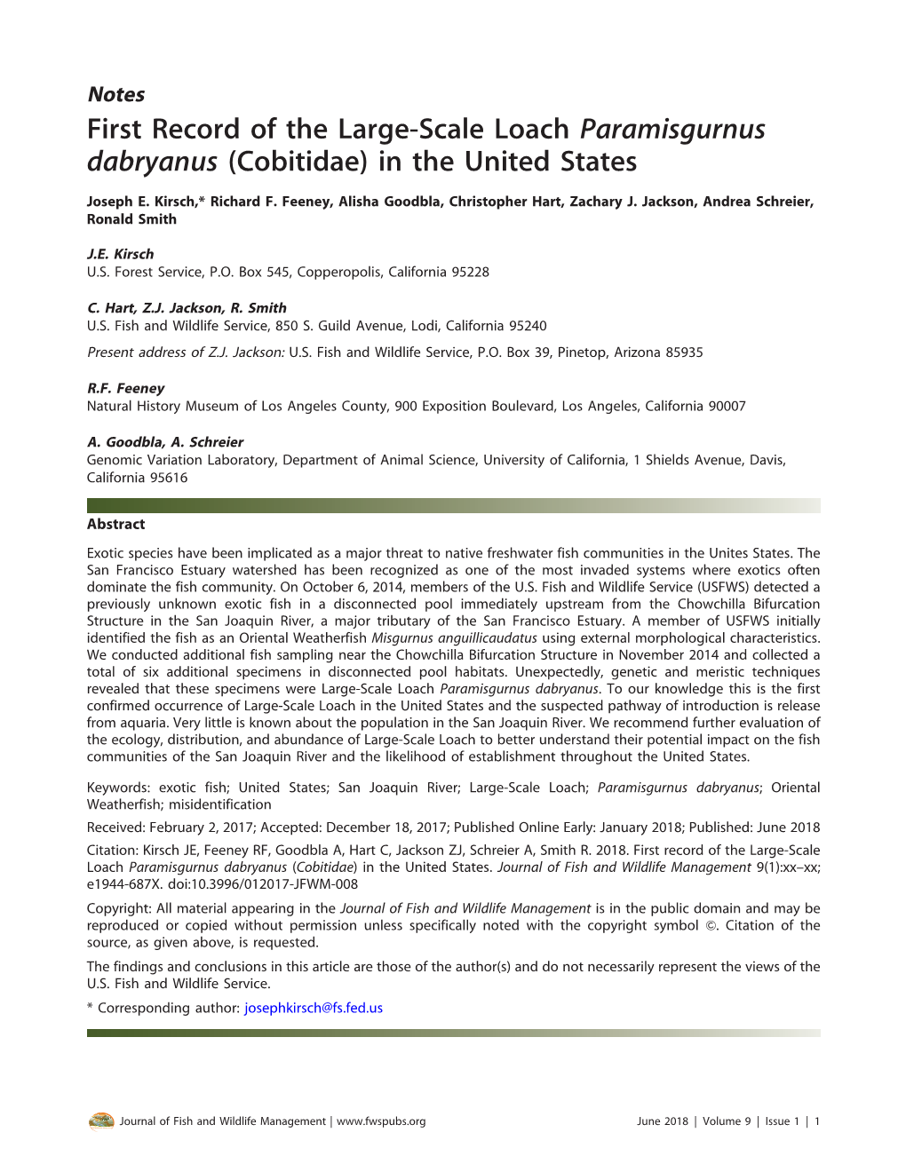 First Record of the Large-Scale Loach Paramisgurnus Dabryanus (Cobitidae) in the United States