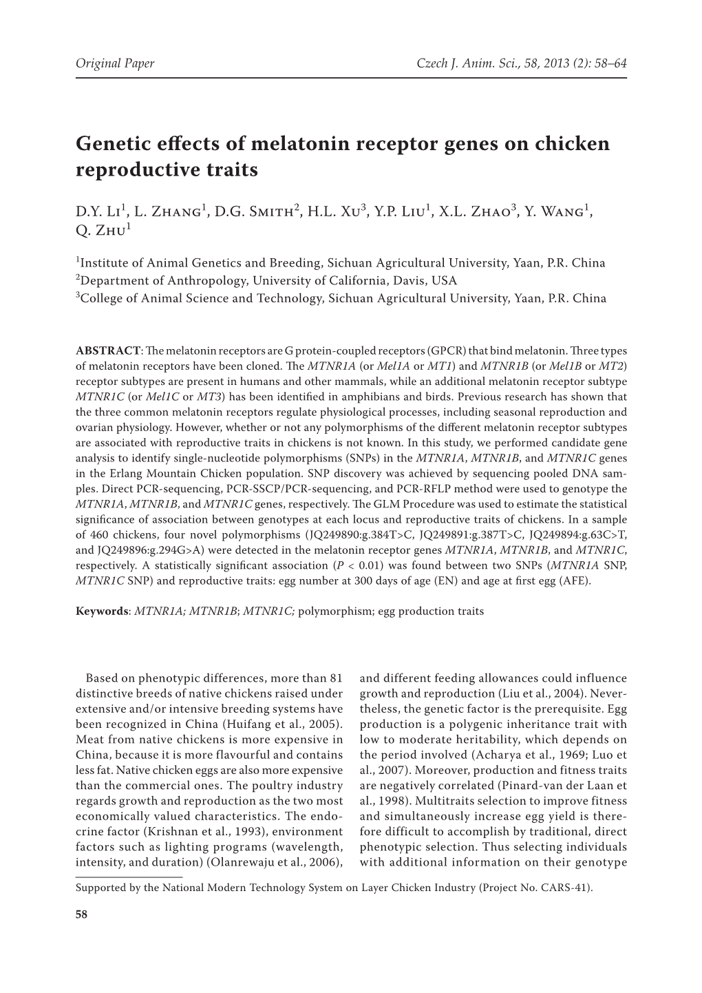 Genetic Effects of Melatonin Receptor Genes on Chicken Reproductive Traits