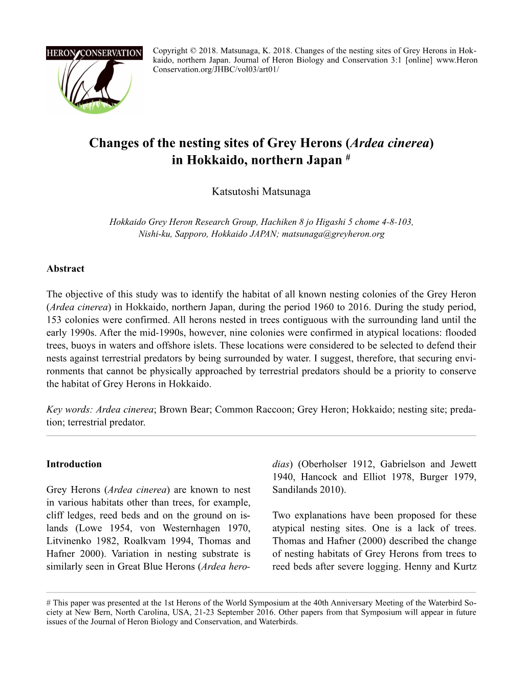 Changes of the Nesting Sites of Grey Herons (Ardea Cinerea) in Hokkaido, Northern Japan