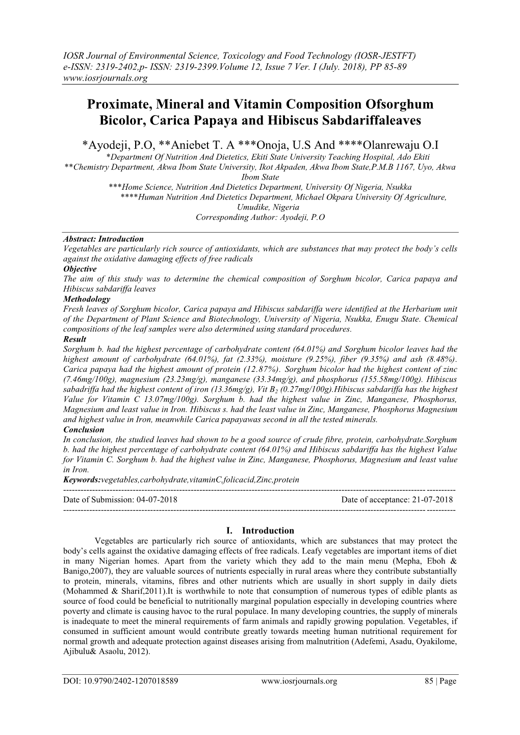 Proximate, Mineral and Vitamin Composition Ofsorghum Bicolor, Carica Papaya and Hibiscus Sabdariffaleaves