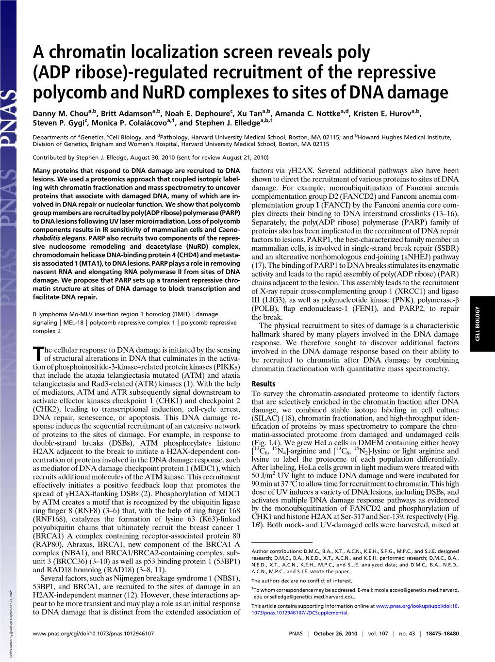 A Chromatin Localization Screen Reveals Poly (ADP Ribose)-Regulated Recruitment of the Repressive Polycomb and Nurd Complexes to Sites of DNA Damage