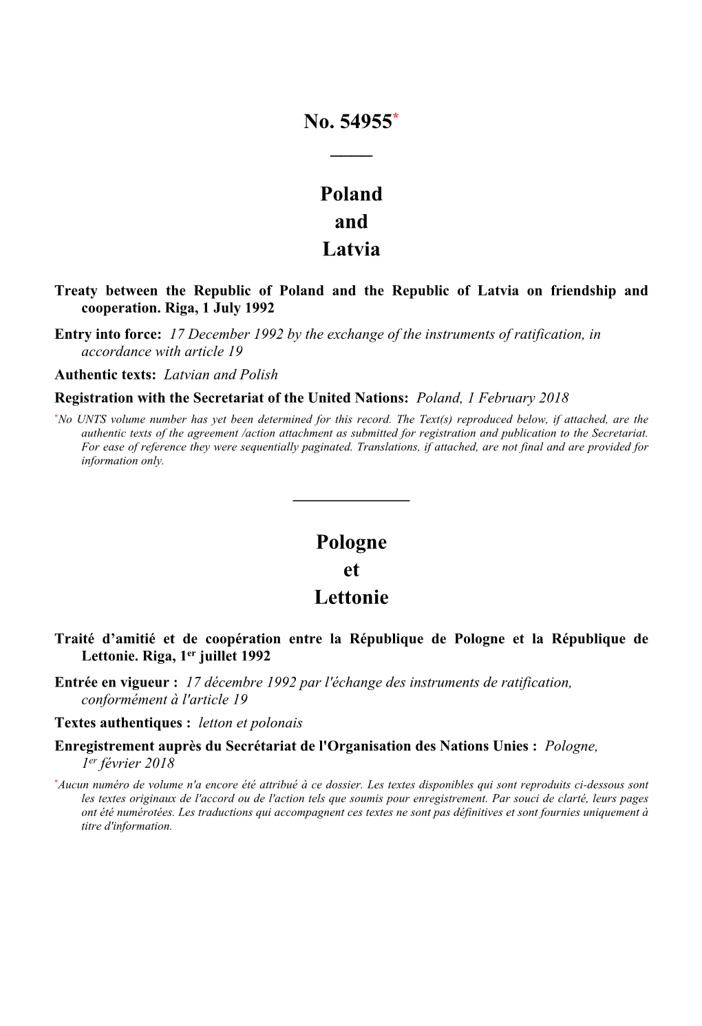 No. 54955* ___Poland and Latvia Pologne Et Lettonie