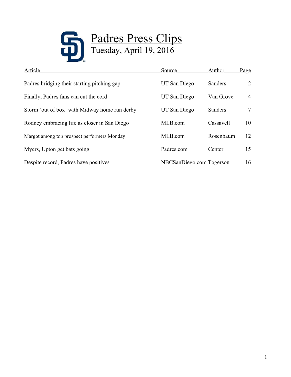 Padres Press Clips Tuesday, April 19, 2016