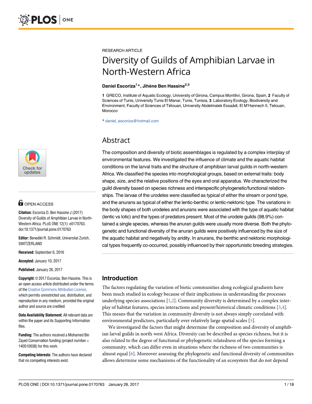 Diversity of Guilds of Amphibian Larvae in North-Western Africa