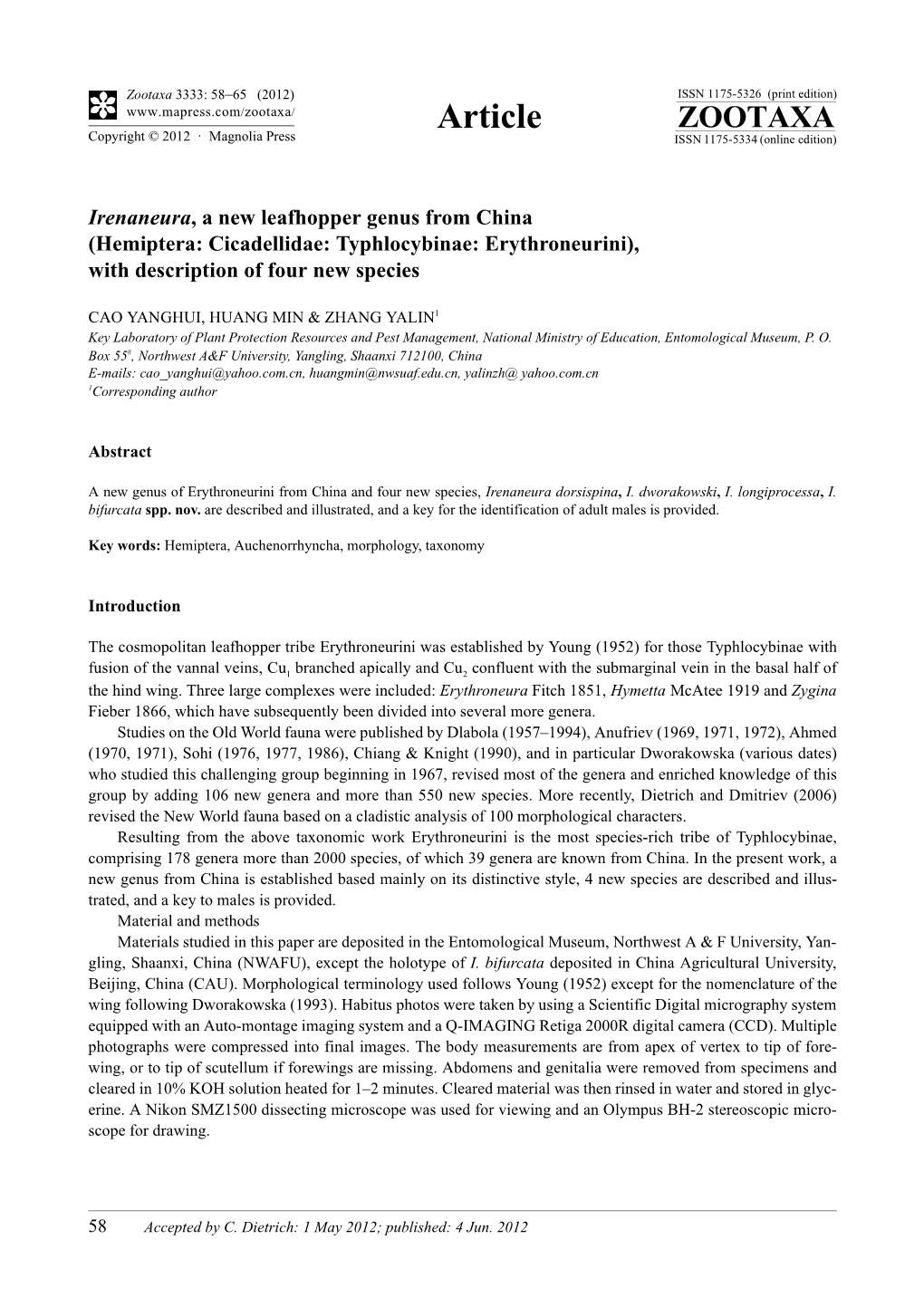 Hemiptera: Cicadellidae: Typhlocybinae: Erythroneurini), with Description of Four New Species