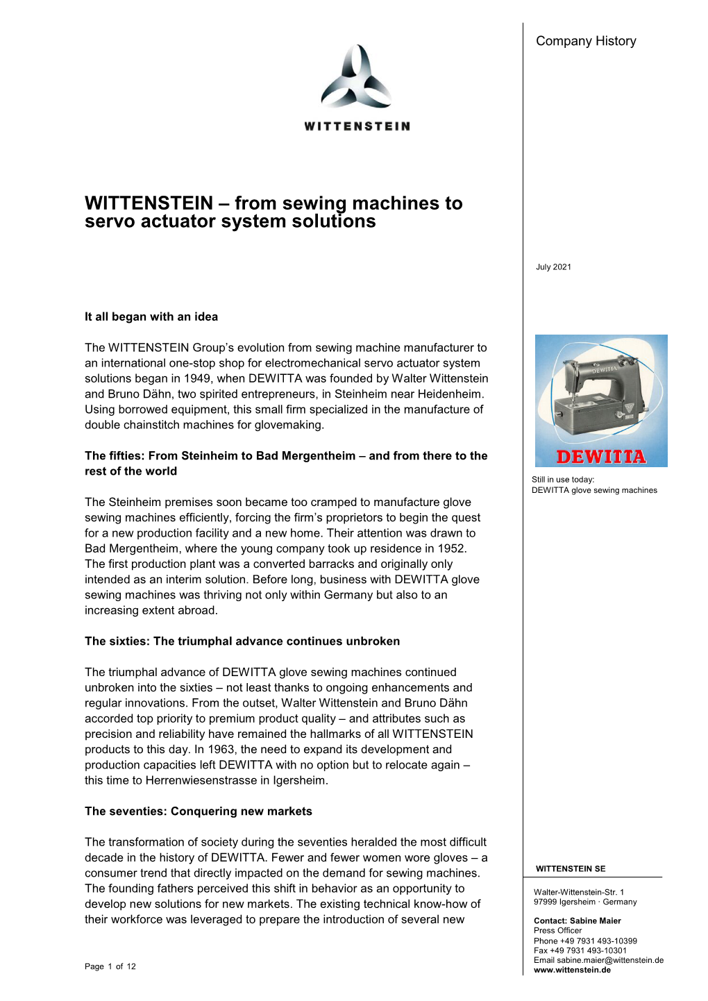 WITTENSTEIN – from Sewing Machines to Servo Actuator System Solutions
