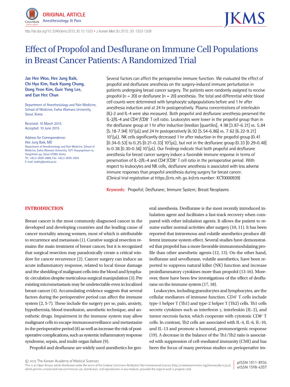 Effect of Propofol and Desflurane on Immune Cell Populations in Breast Cancer Patients: a Randomized Trial