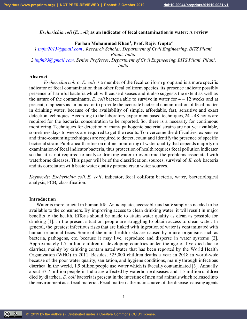 E. Coli) As an Indicator of Fecal Contamination in Water: a Review