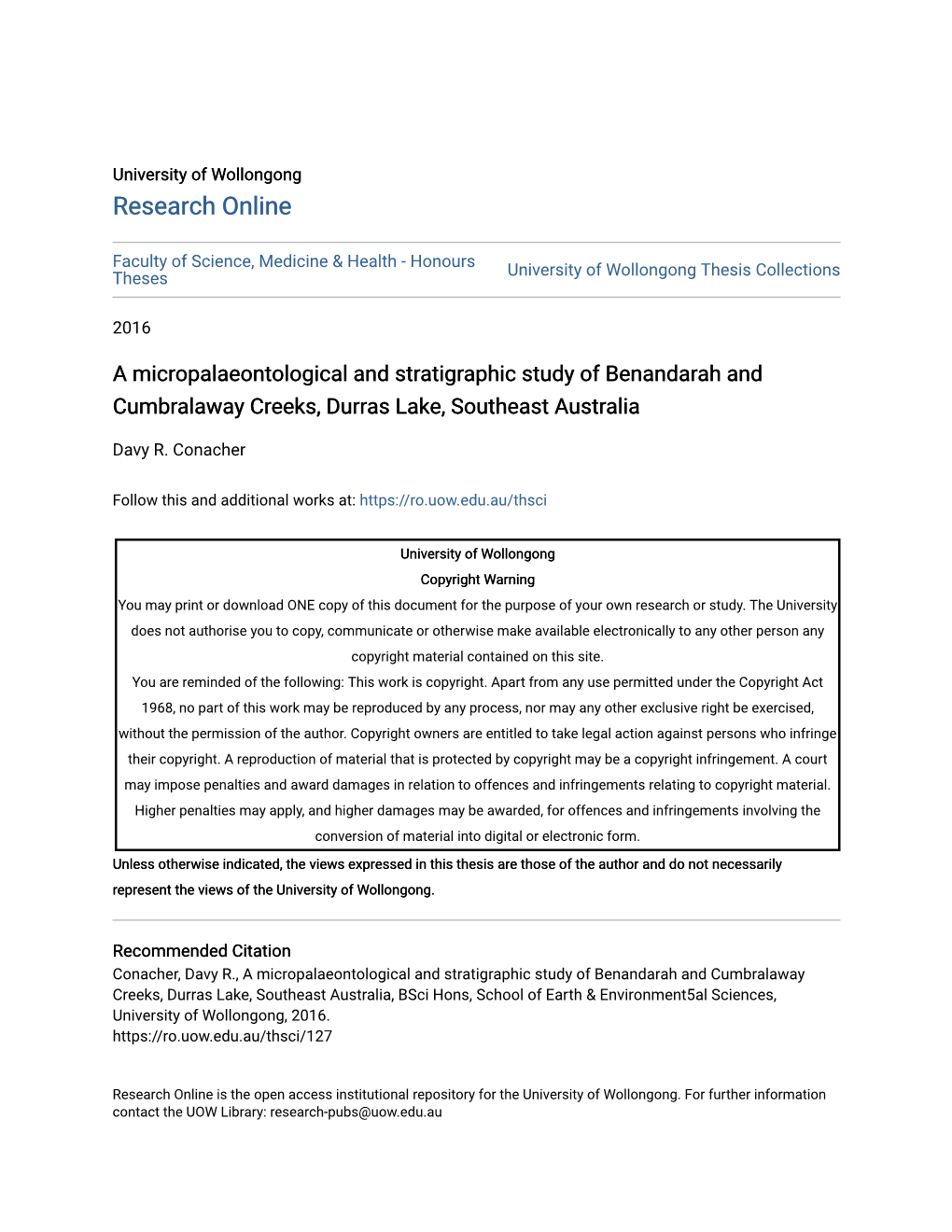 A Micropalaeontological and Stratigraphic Study of Benandarah and Cumbralaway Creeks, Durras Lake, Southeast Australia