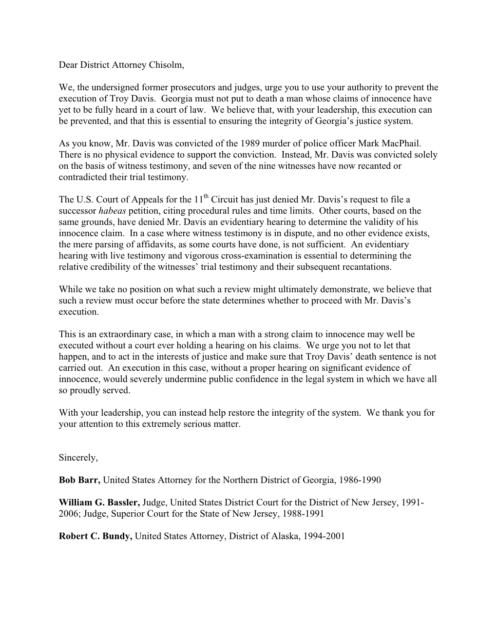 Dear District Attorney Chisolm, We, the Undersigned Former Prosecutors and Judges, Urge You to Use Your Authority to Prevent