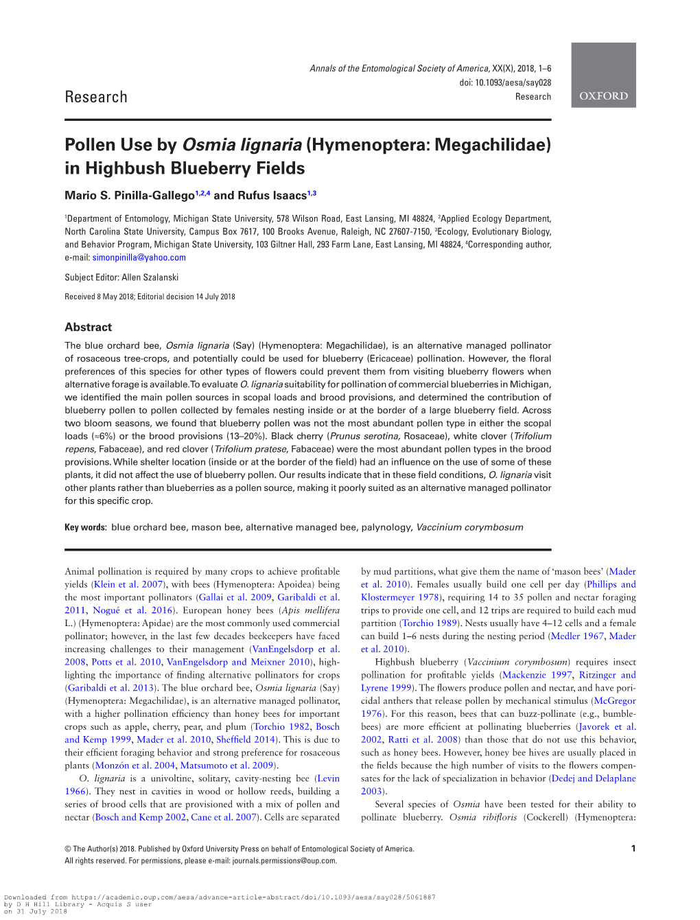 Pollen Use by Osmia Lignaria (Hymenoptera: Megachilidae) in Highbush Blueberry Fields