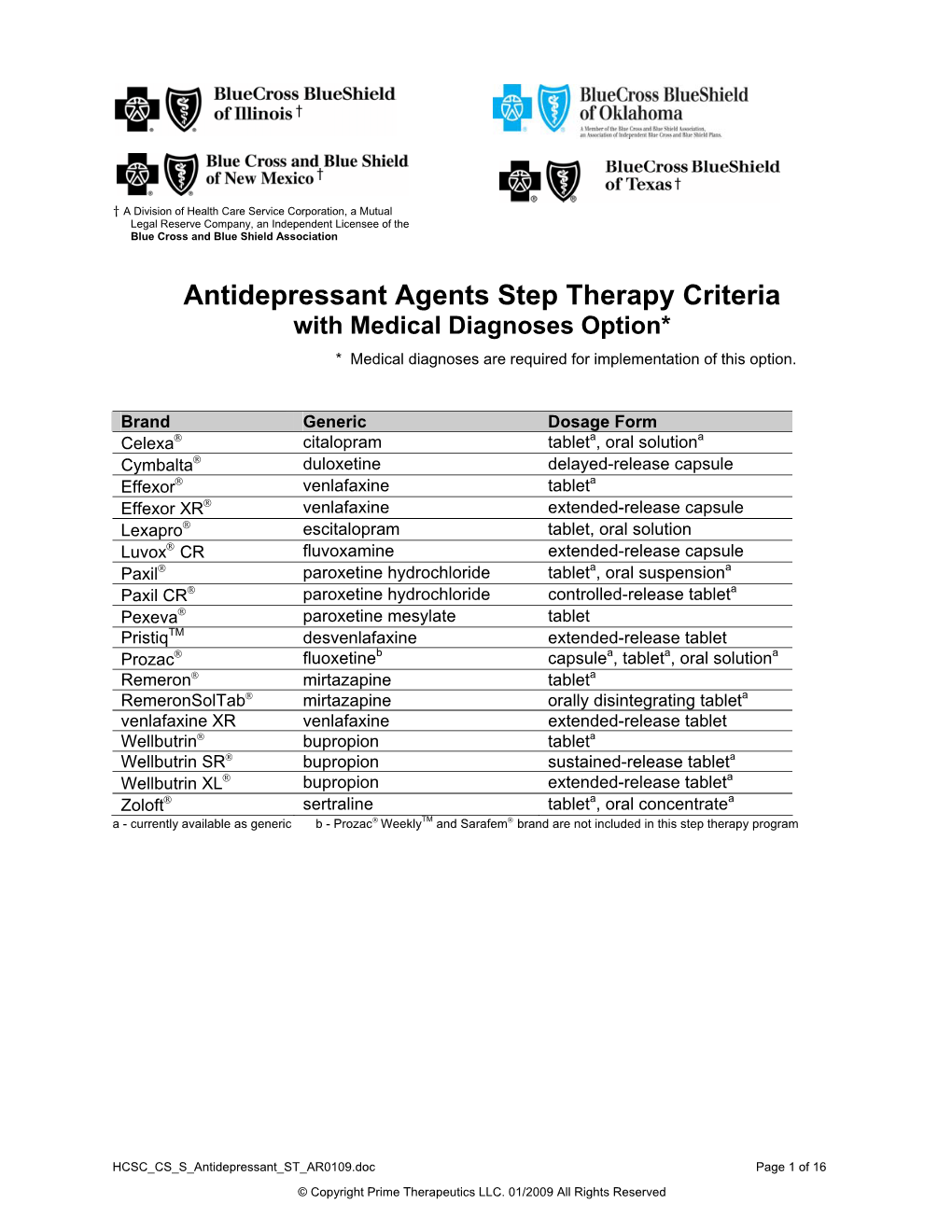 Antidepressant Agents Step Therapy Criteria with Medical Diagnoses Option*