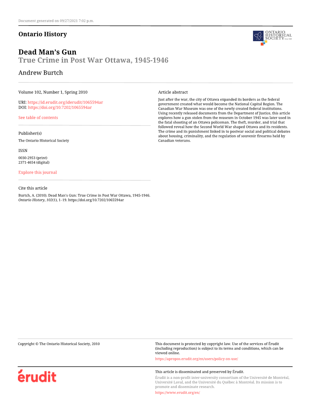 Dead Man's Gun: True Crime in Post War Ottawa, 1945-1946