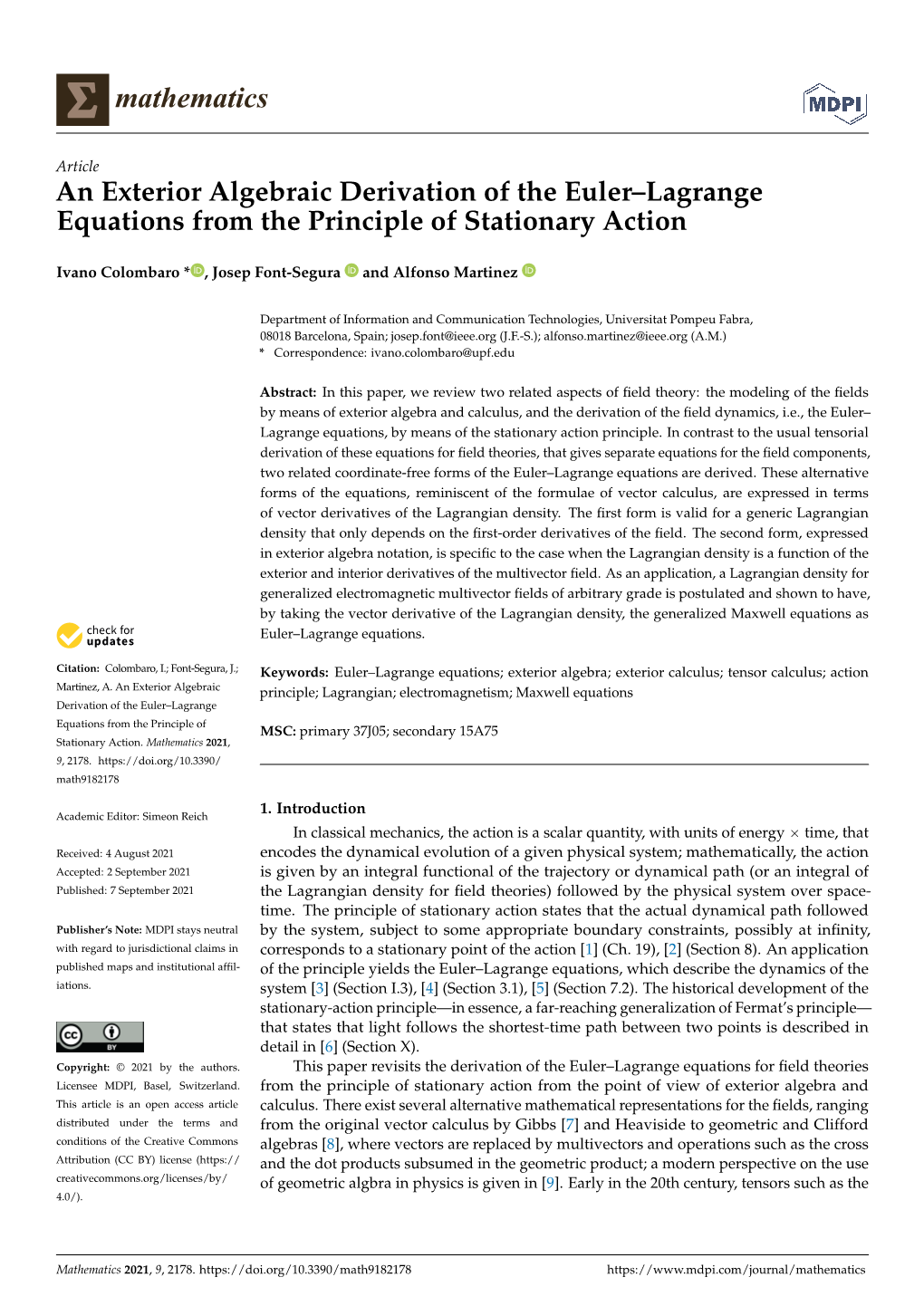 An Exterior Algebraic Derivation of the Euler–Lagrange Equations from the Principle of Stationary Action