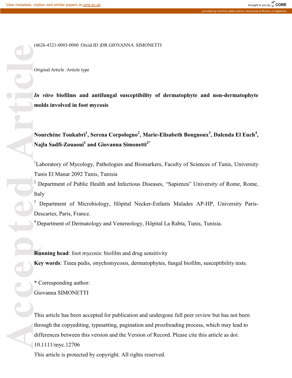 In Vitro Biofilms and Antifungal Susceptibility Of