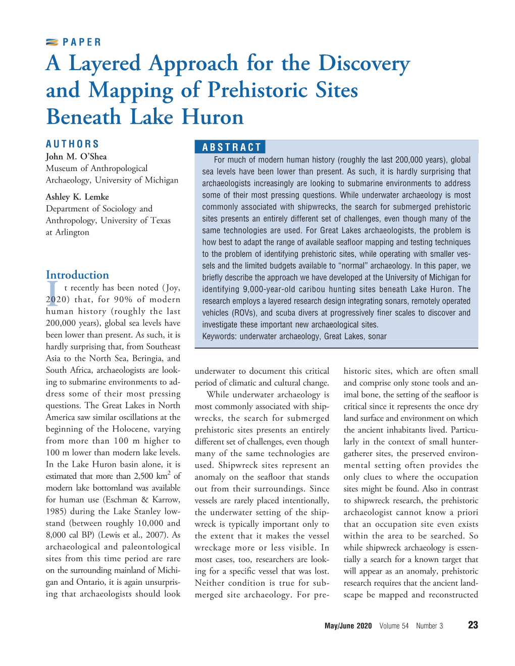 A Layered Approach for the Discovery and Mapping of Prehistoric Sites Beneath Lake Huron