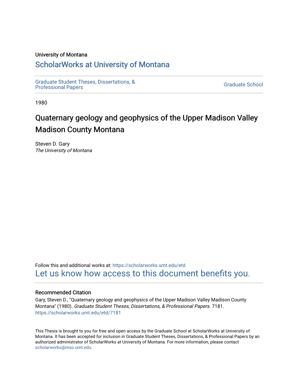 Quaternary Geology and Geophysics of the Upper Madison Valley Madison County Montana