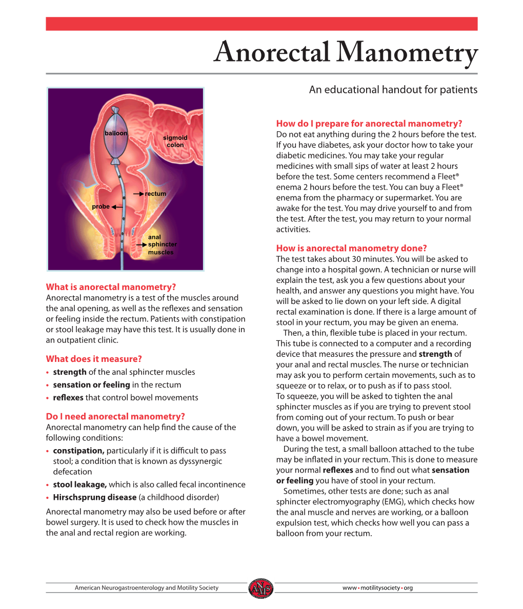 Anorectal Manometry an Educational Handout for Patients