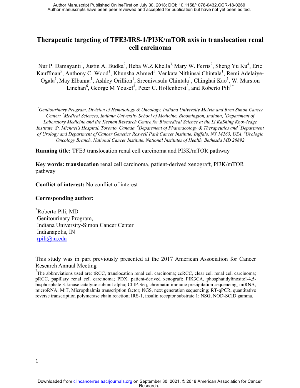 Therapeutic Targeting of TFE3/IRS-1/PI3K/Mtor Axis in Translocation Renal Cell Carcinoma