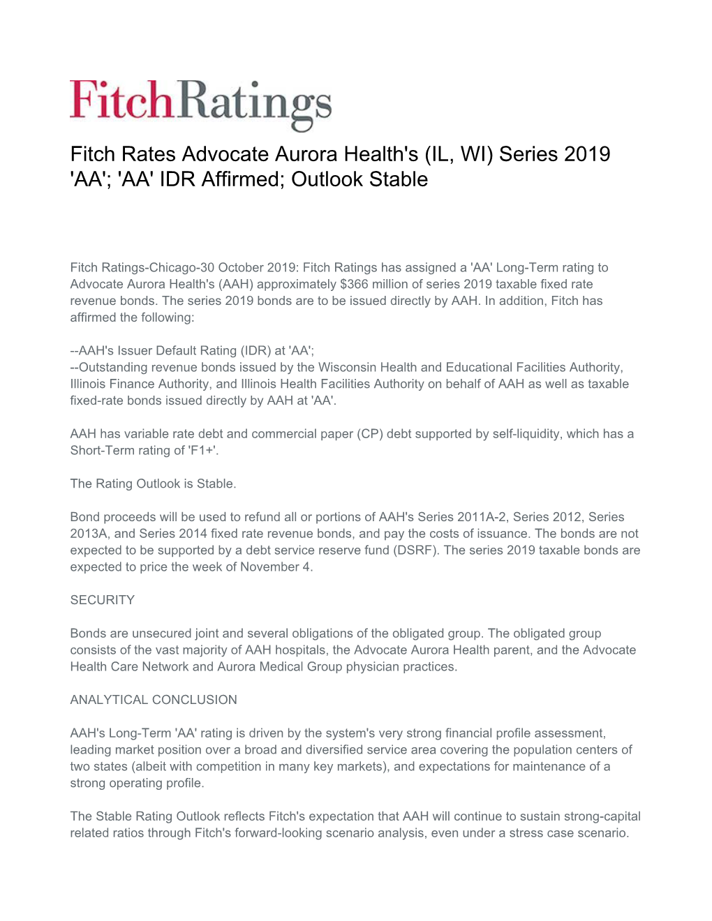 Fitch Rates Advocate Aurora Health's (IL, WI) Series 2019 'AA'; 'AA' IDR Affirmed; Outlook Stable