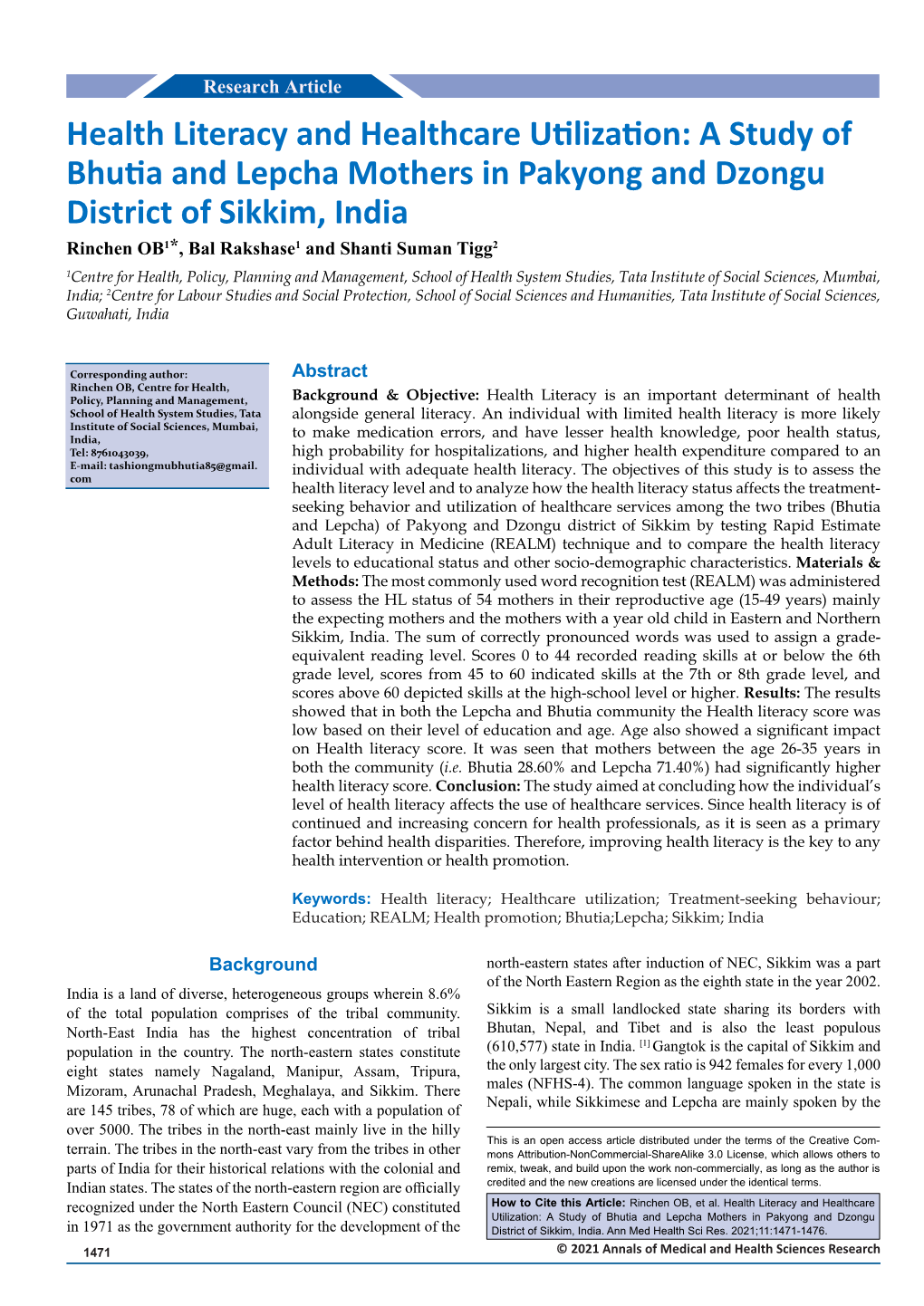 Health Literacy and Healthcare Utilization: a Study of Bhutia And