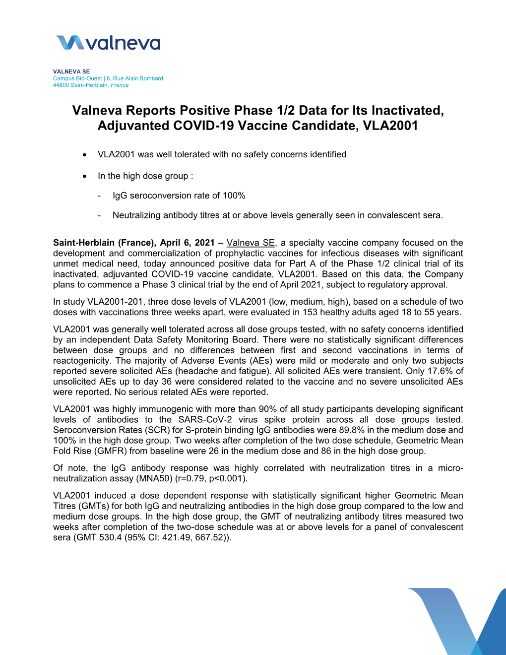 Valneva Reports Positive Phase 1/2 Data for Its Inactivated, Adjuvanted COVID-19 Vaccine Candidate, VLA2001