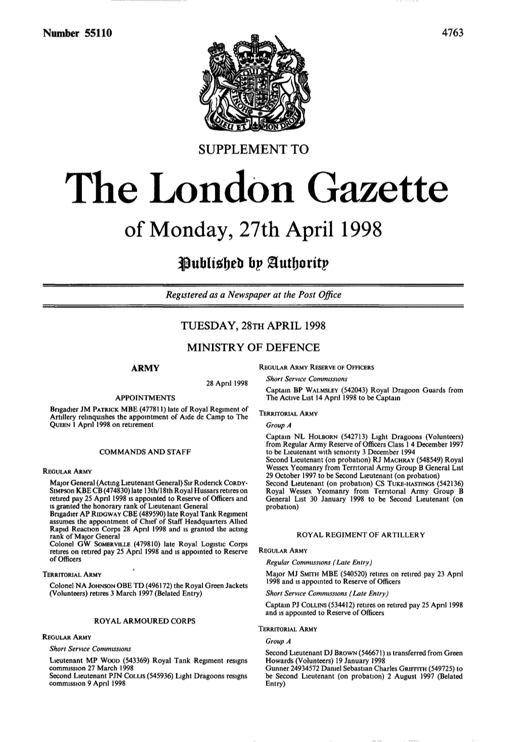 The London Gazette of Monday, 27Th April 1998 Bp