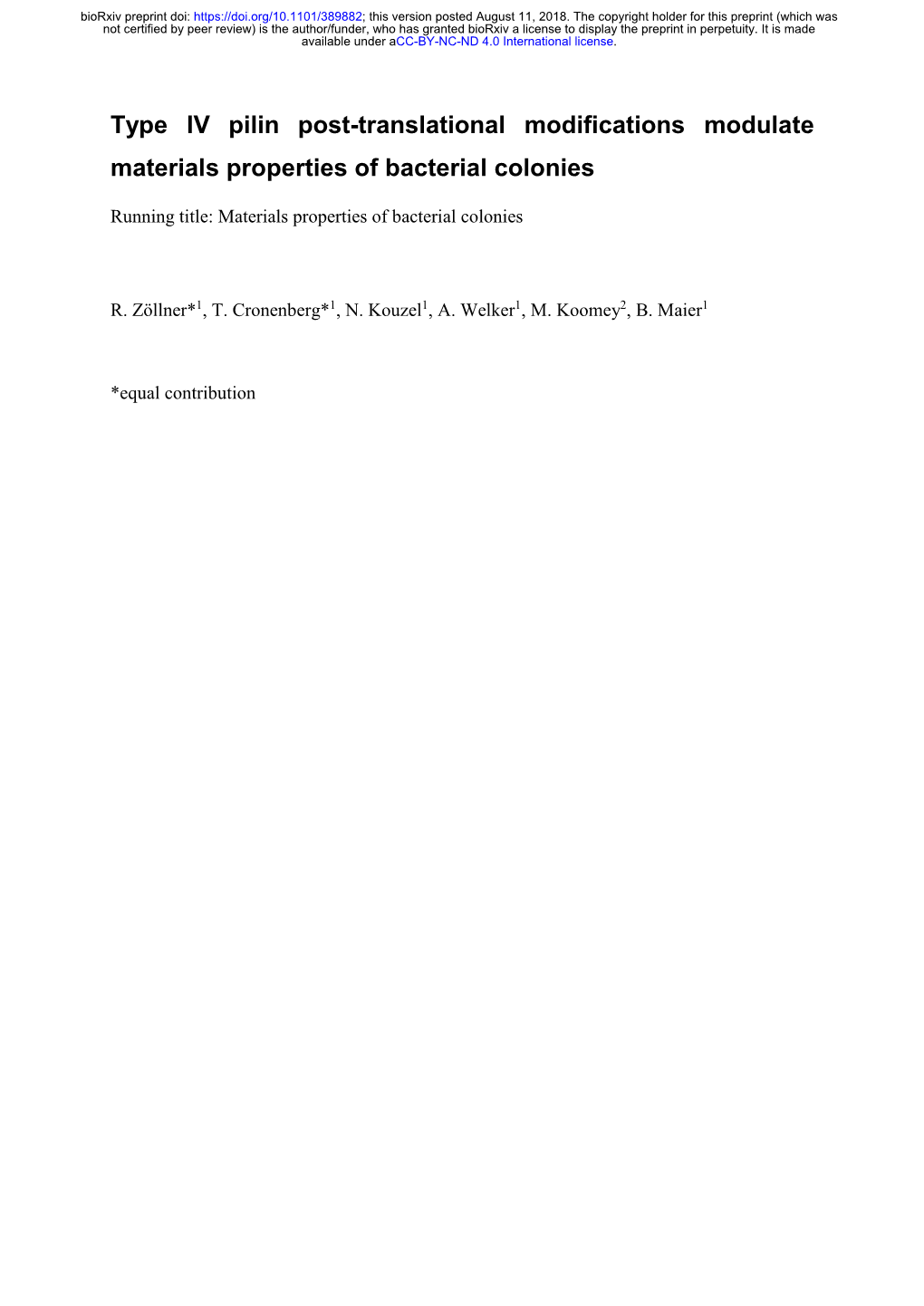 Type IV Pilin Post-Translational Modifications Modulate Materials Properties of Bacterial Colonies