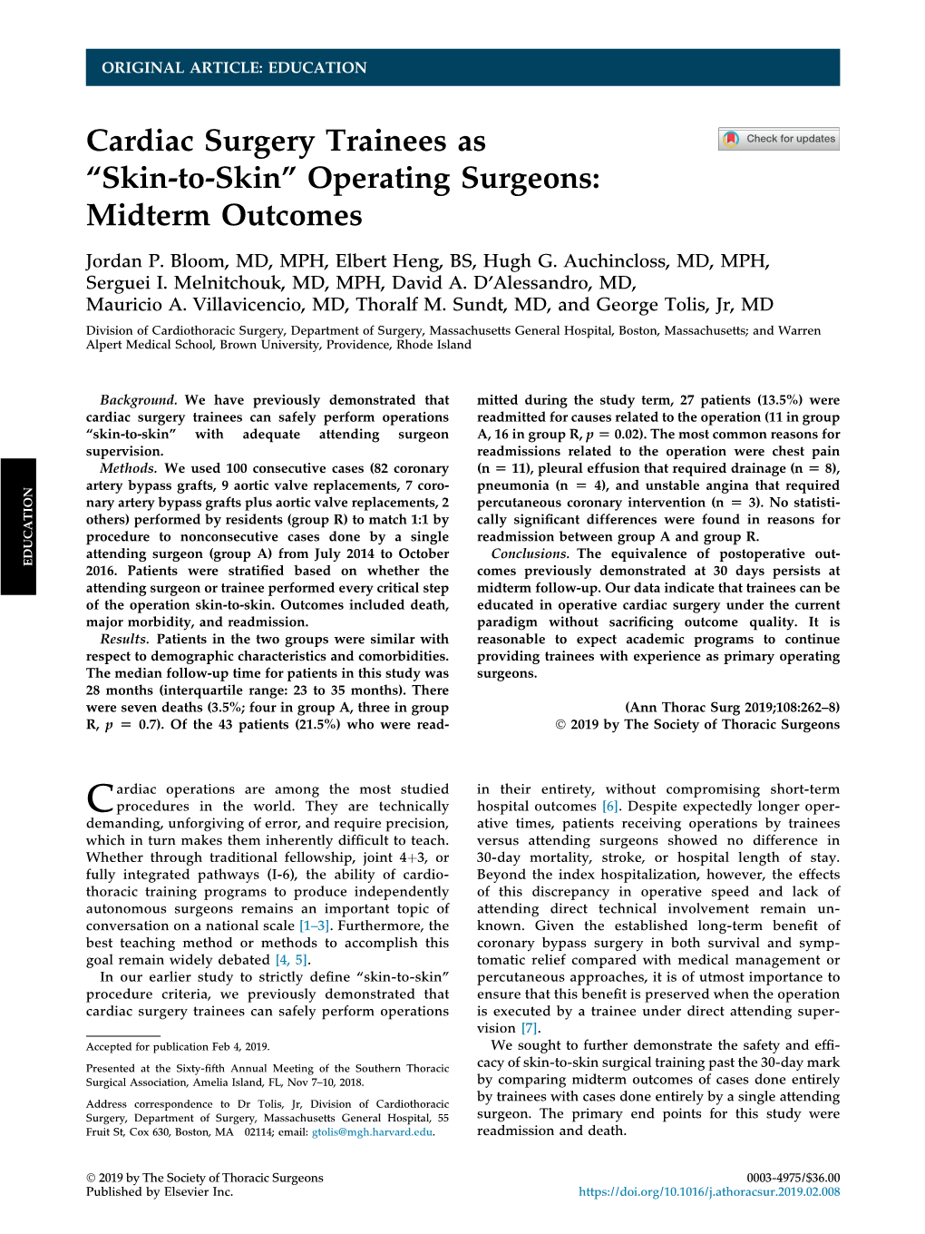 Cardiac Surgery Trainees As ``Skin-To-Skin'' Operating Surgeons