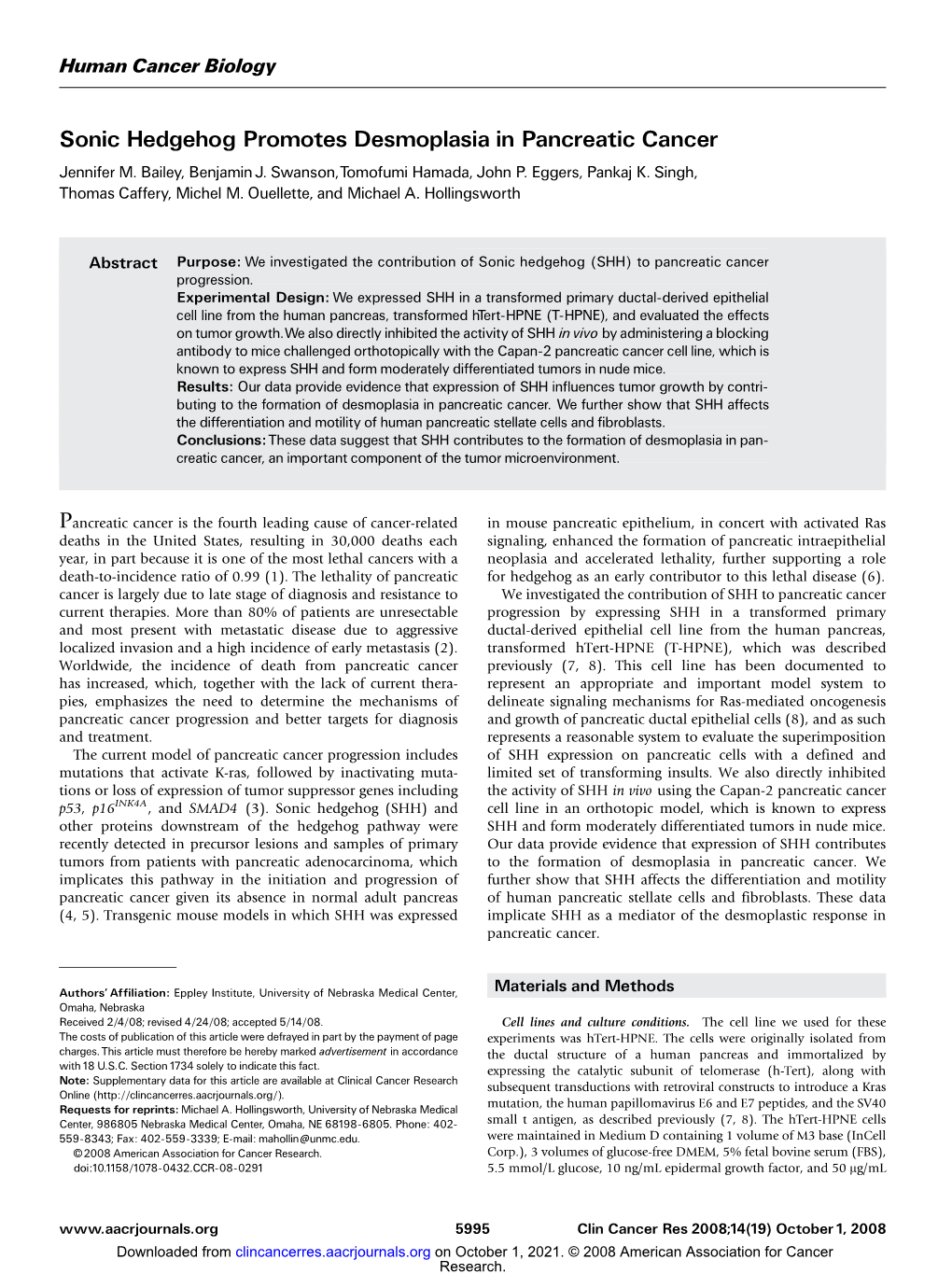 Sonic Hedgehog Promotes Desmoplasia in Pancreatic Cancer Jennifer M