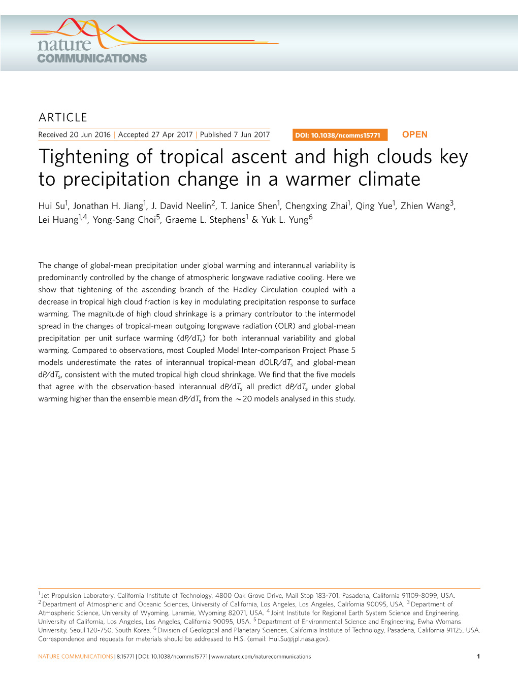 Tightening of Tropical Ascent and High Clouds Key to Precipitation Change in a Warmer Climate