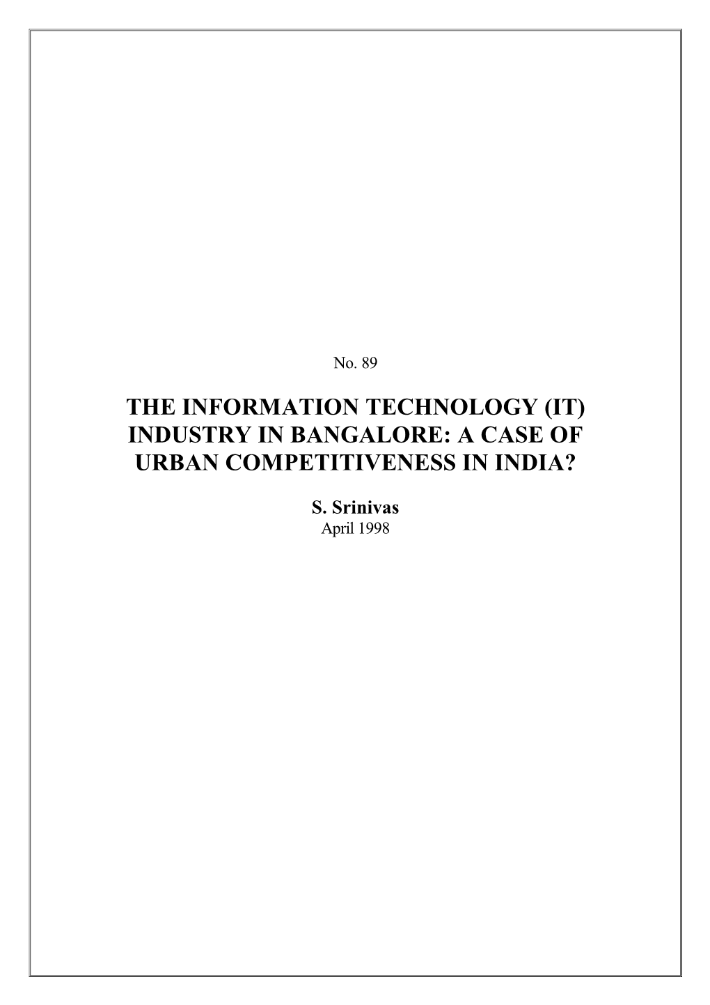 (It) Industry in Bangalore: a Case of Urban Competitiveness in India?