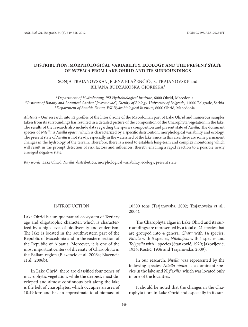 Distribution, Morphological Variability, Ecology and the Present State of Nitella from Lake Ohrid and Its Surroundings