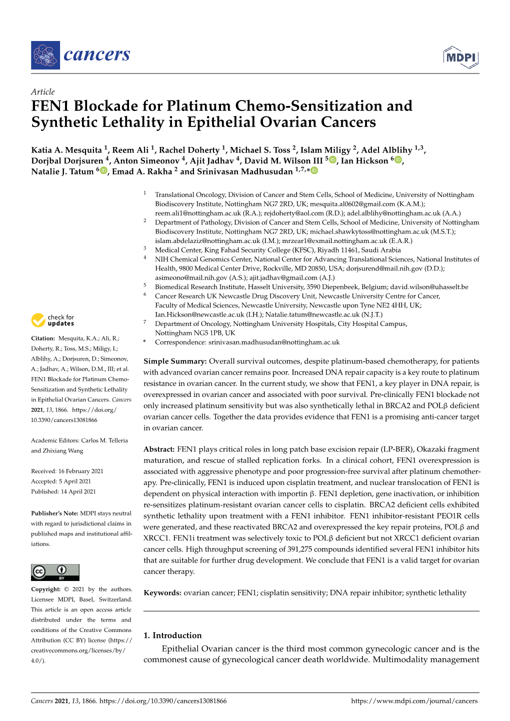 FEN1 Blockade for Platinum Chemo-Sensitization and Synthetic Lethality in Epithelial Ovarian Cancers