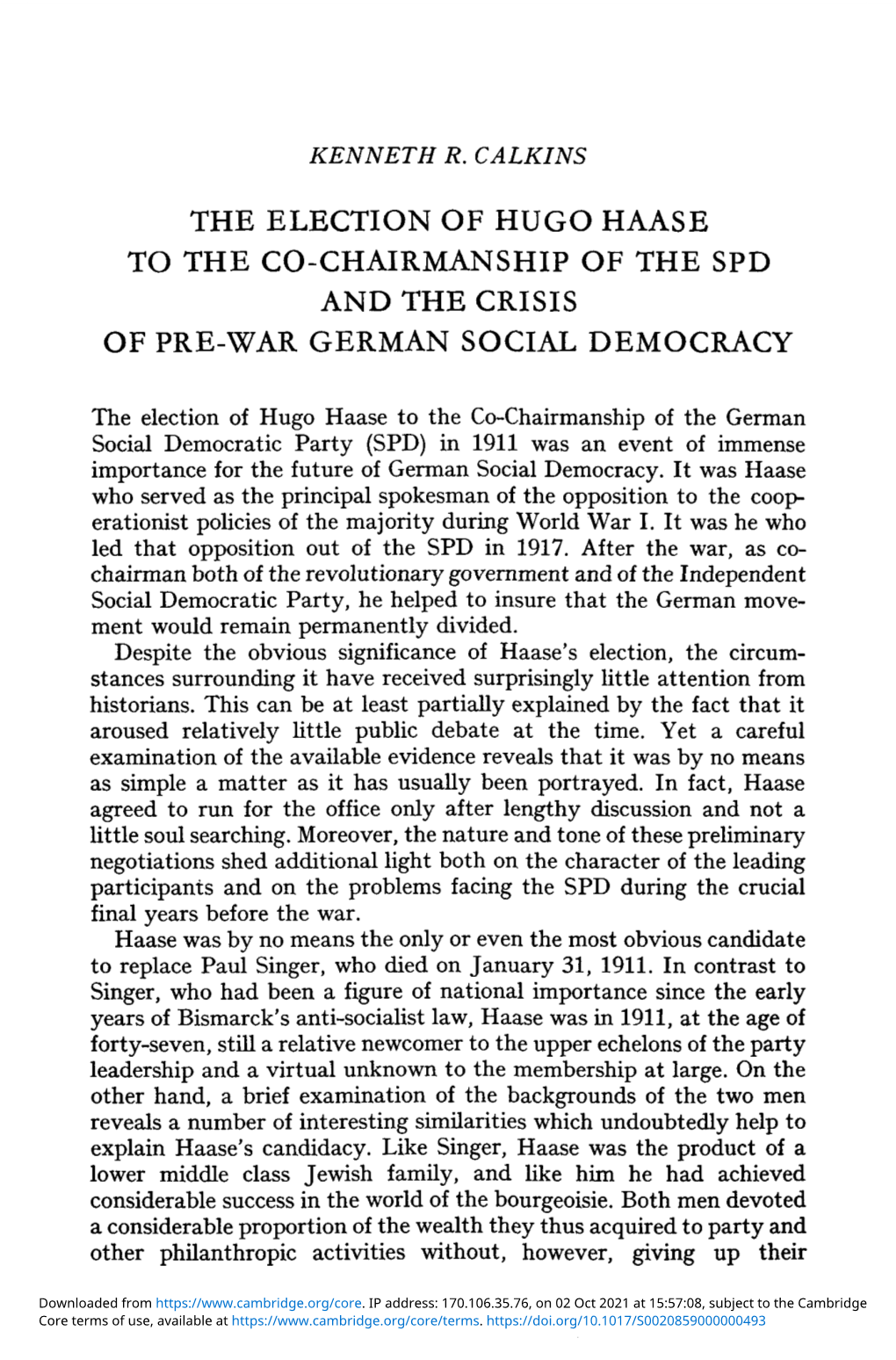 The Election of Hugo Haase to the Co-Chairmanship of the Spd and the Crisis of Pre-War German Social Democracy