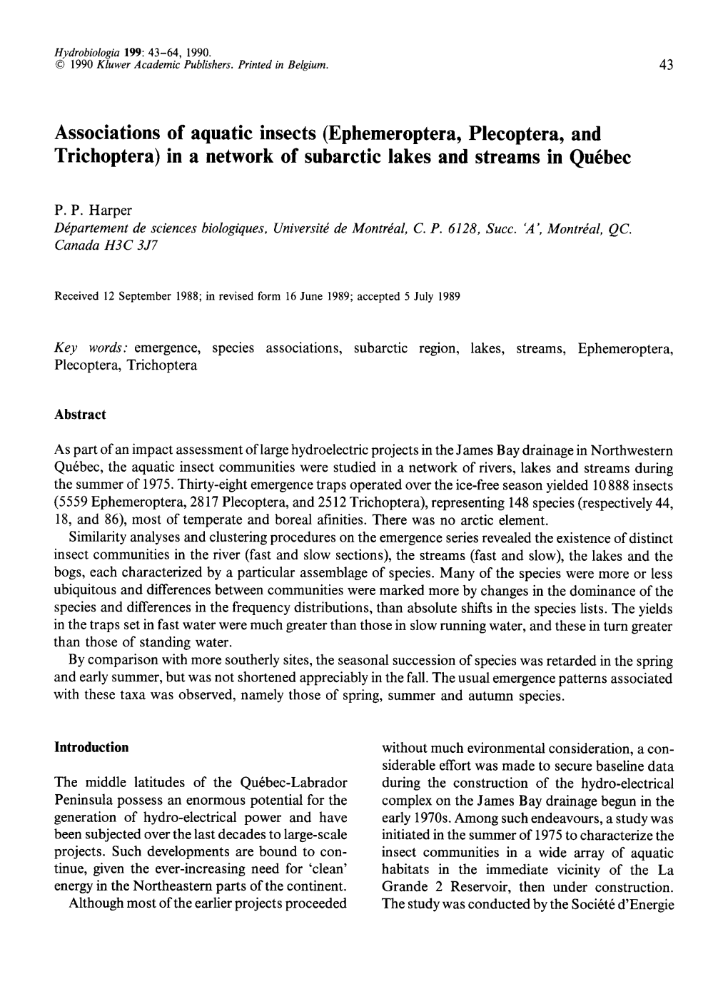 Ephemeroptera, Plecoptera, and Trichoptera) in a Network of Subarctic Lakes and Streams in Quebec