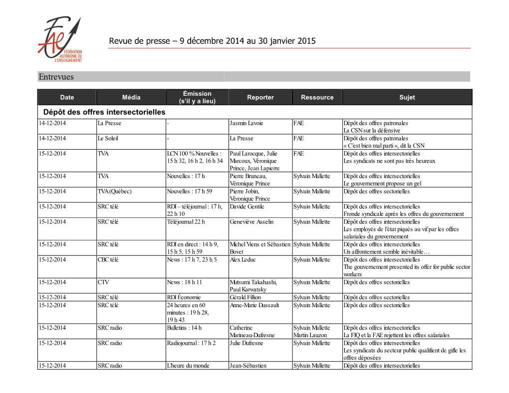 9 Décembre 2014 Au 30 Janvier 2015