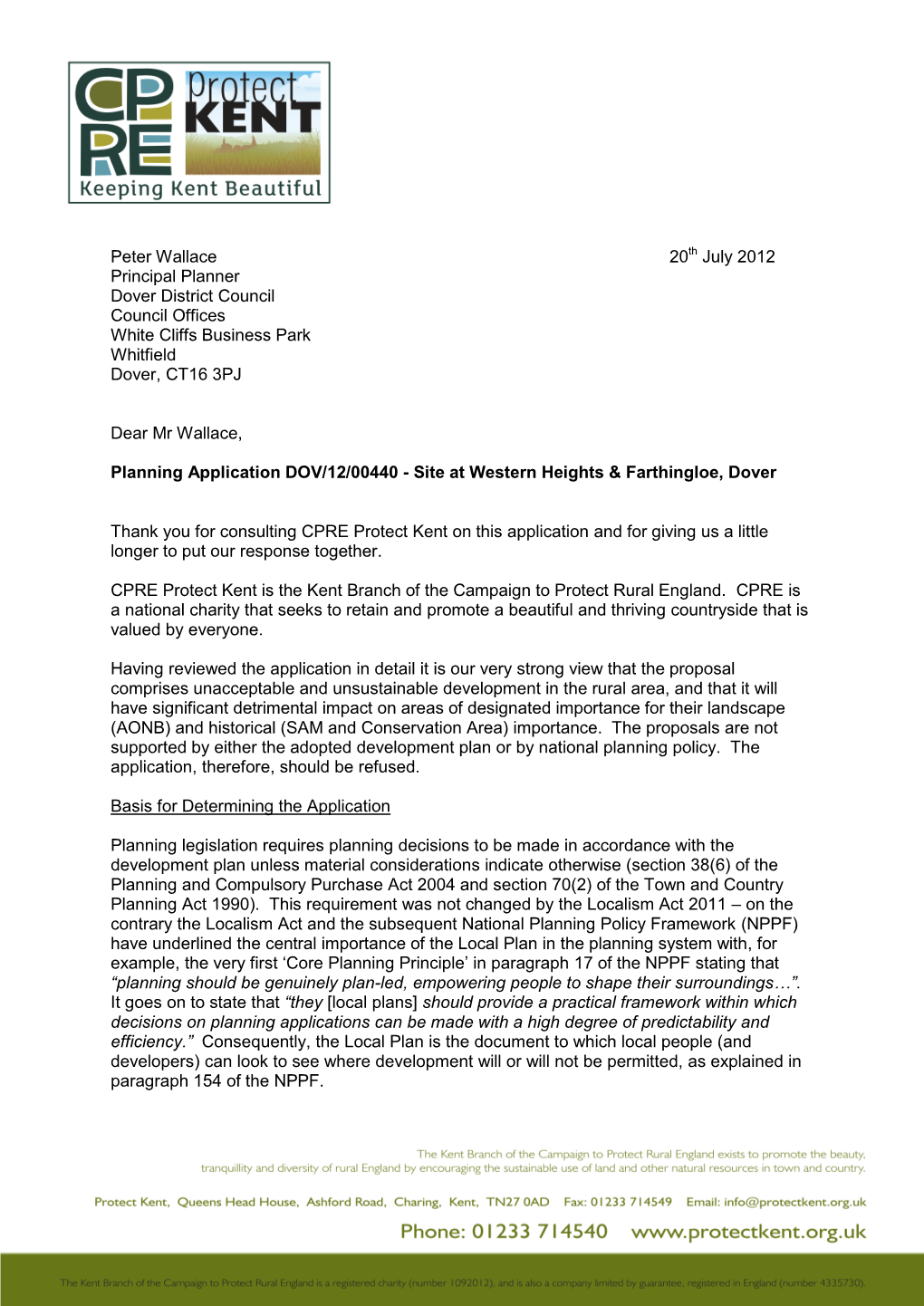Letter on Western Heights and Farthingloe July 2012