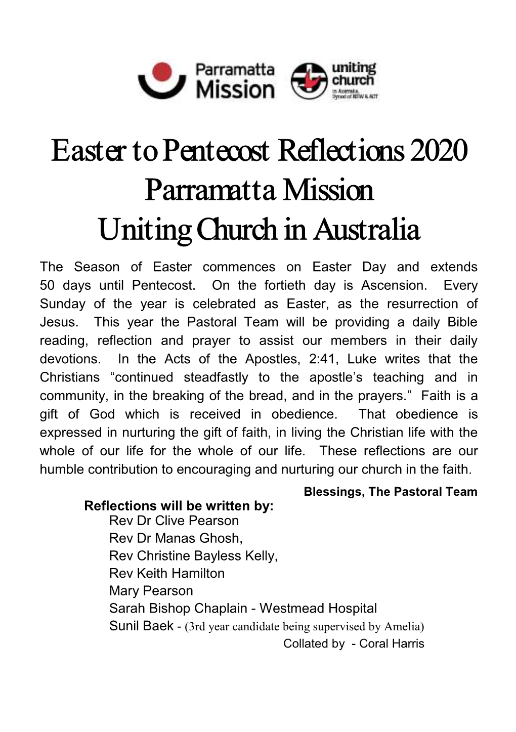 Easter to Pentecost Reflections 2020 Parramatta Mission Uniting Church in Australia