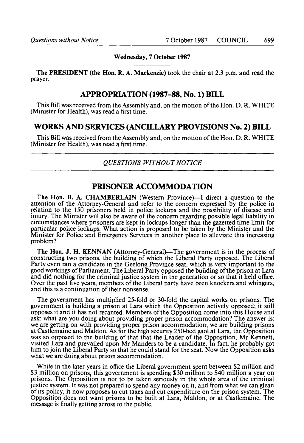 1987-88, No. 1) BILL This Bill Was Received from the Assembly And, on the Motion of the Hon