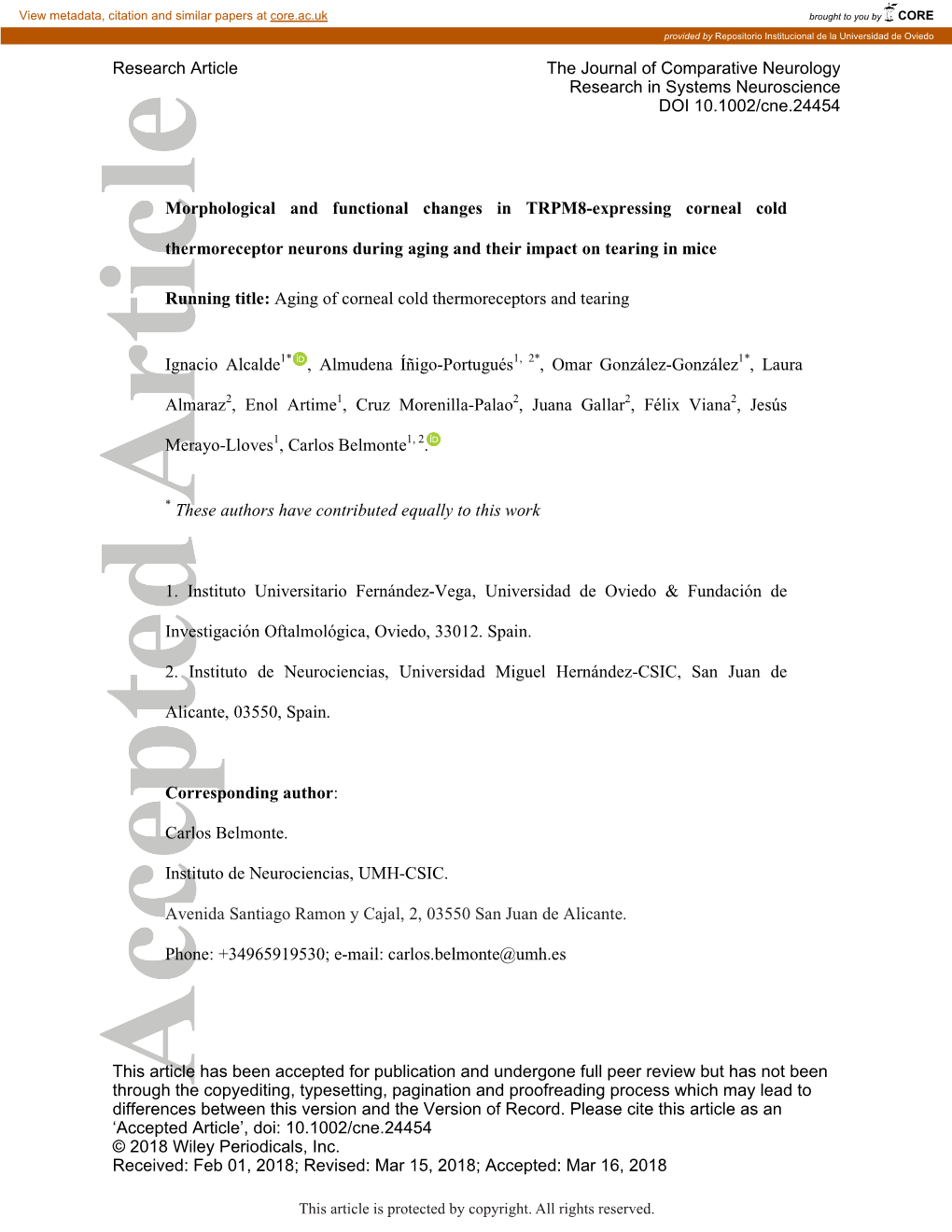 Morphological and Functional Changes in TRPM8‐Expressing Corneal Cold