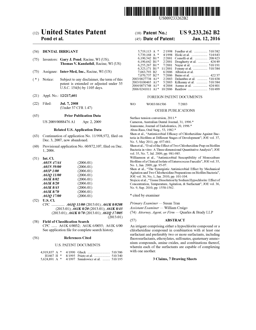 (12) United States Patent (10) Patent No.: US 9.233,262 B2 Pond Et Al