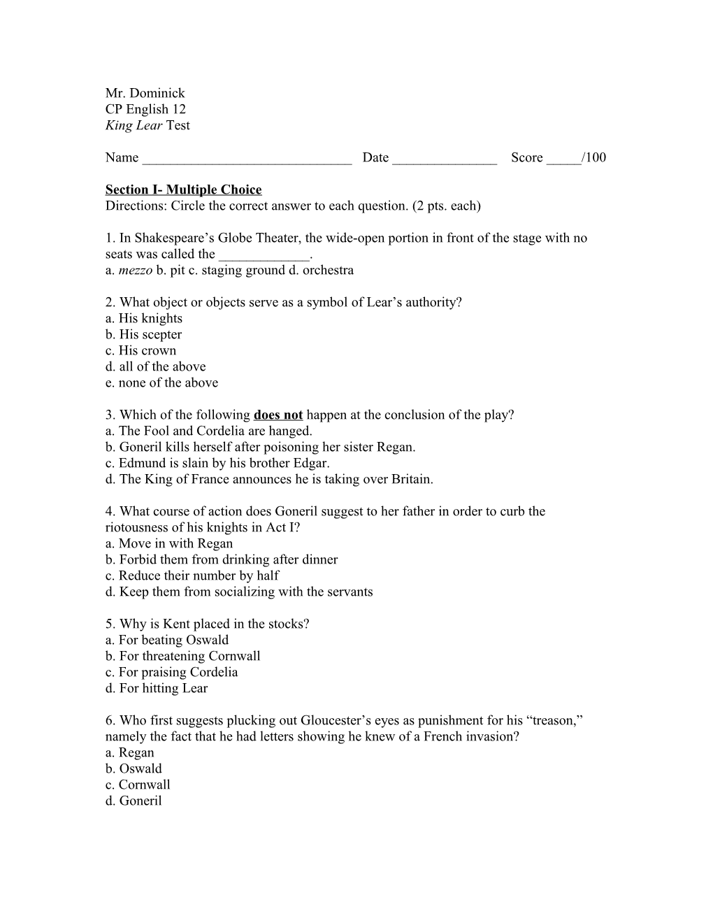 Section I- Multiple Choice